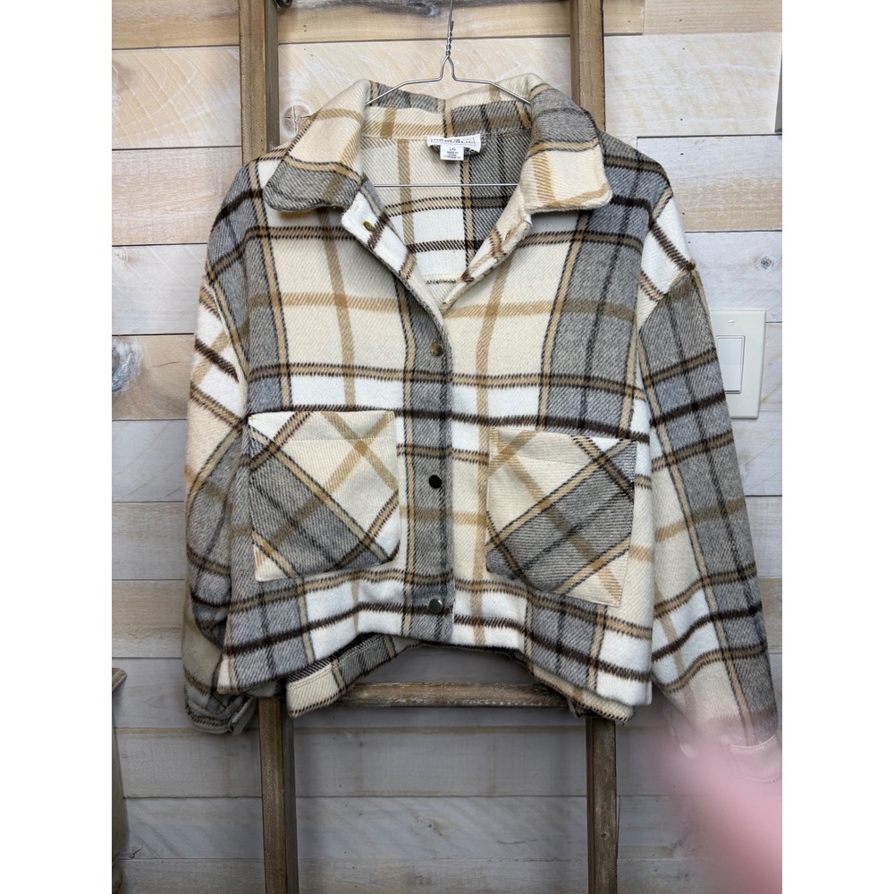 For The Republic Plaid Shacket Cropped Shirt Jacket Neutral Grey Tan Cream L